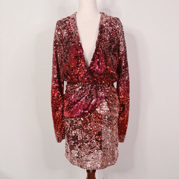 Amen Pink Ombre Sequin Mini Dress Long Sleeve Plunge Party Cocktail 42 NWT Glam - Picture 1 of 13